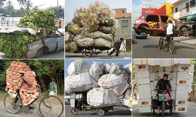 Aksi Lucu Pekerja Nekat, Angkut Bodi Mobil Hingga Batu Bata dengan Sepeda